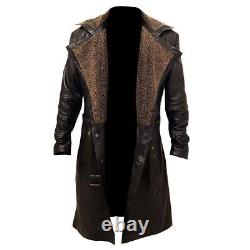 Men's German Belted WW2 Blade Runner Fur Leather Trench Long Coat Jacket