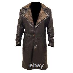 Men's German Belted WW2 Blade Runner Fur Leather Trench Long Coat Jacket