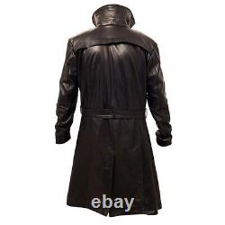 Men's German Belted WW2 Blade Runner Fur Leather Trench Long Coat Jacket